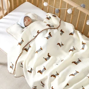 Baby Gauze Woven Eco friendly Swaddle Throw Blanket Pure Cotton Cute Dog Print Customized Color Four Seasons Air conditioned