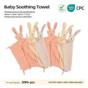 Baby Sleep Soothing Hand Towel Rabbit Shape Cotton silk Crepe Soft Solid Colors Breathable Infant Security Soothing Lovey Cloth