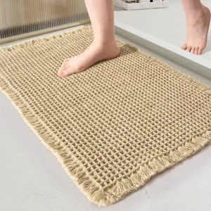 Bathroom Waffle Rugs with Tassels Waffle Door Mat Absorbent Non Slip Bath Mats for Bathroom Floor Waffle Bath Mat