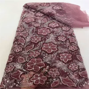 Beaded Net Lace Fabric 3D Embroidered Flower French Tulle Sequins Lace Fabric Velvet Feel Dress Materials
