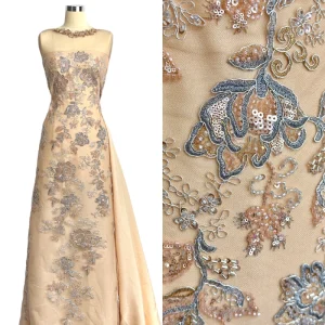 Beaded Sequined Floral Embroidered Lace Fabric for Bridal Gowns Wedding Dress Decoration
