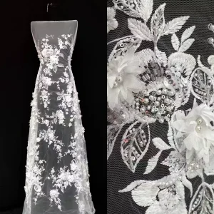 Beaded Tube Embroidered Pearl Lace Fabric Embroidery for Evening Dresses