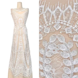 Beaded Tube Embroidered Pearl Lace Fabric Embroidery for Evening Dresses