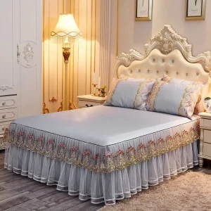 Beautiful Lace Decorative Fitted Sanding Fabric Luxury Fashion Home and Hotel Bed Skirt Sets