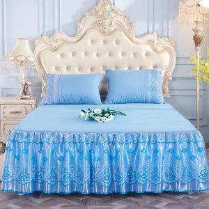 Beautiful Printed 3D Lace Decorative Fitted Sanding Fabric Luxury Fashion Home and Hotel Bed Skirt Sets