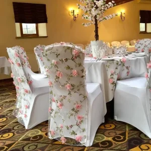 Beautiful Rose Embroidery Organza Flower Chair Sashes for Wedding Hotel Dining Party Christmas Decoration