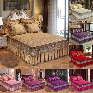 Bed Sheet Luxury Velvet Solid Color Lace Thickened Non slip Cover European Crystal Velvet Bed Skirt Bed Sheet