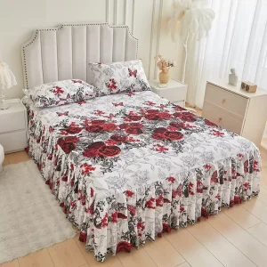 Bed Skirt Set Soft Skin Friendly With Pillowcases King Size 3 Piece Polyester Bedding Set