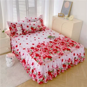 Bed Skirts Set Double Layer Bedspread Floral Printed Bed Sheet Bilateral Bed Skirt Bedsheet