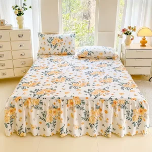 Bed Skirts Set Double Layer Bedspread Floral Printed Bed Sheet Bilateral Bed Skirt Bedsheet