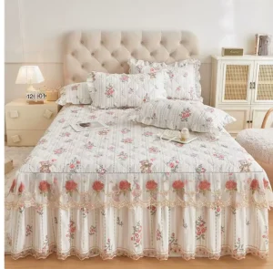 Bed Skirts Set Double Layer Bedspread Floral Printed Bed Sheet Bilateral Bed Skirt Bedsheet