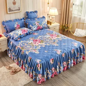 Bed Skirts Set Double Layer Bedspread Floral Printed Bed Sheet Bilateral Quilted Mattress Protective Cover