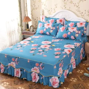 Bed Skirts Set Double Layer Bedspread Floral Printed Cotton Bed Cover Bilateral Bed Skirt + 2 Pair of Pillow Case
