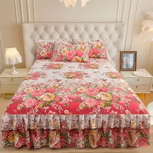 Bed Skirts Set Floral Printed Bedspread Sheet Set pink Bedskirts Queen