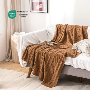 Bed Sofa Decorative Knitted Soft Eco Friendly OEKO TEX Certified 100% Cotton Throw Blankets for Air Conditioning Office Use
