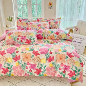 Bedding Set 115GSM Polyester Colorful Flower Print Duvet Cover 4 Piece Bed Sheet Quilt Cover & Pillowcases for All Seasons