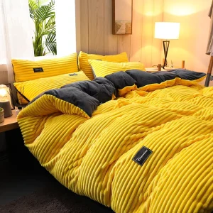Bedding Set Coral Fleece Woven Striped Modern Quality Polyester Thick Home Four-Piece Set Bed Sheets Quilt Cover All-Season Fade