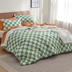 Bedding Set Green White Checkered Fluffy Grid Plaid Comforter Sets Queen Bedding Set