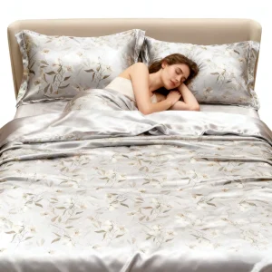 Bedding Set Including Four Items Made of Silk Featuring Floral Pattern Embroidery Pillowcase Quilt Cover and Mattress