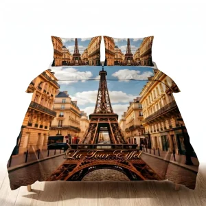 Bedding Set Paris Eiffel Tower Duvet Cover Set 3 Pieces Street Scene Print Soft Breathable Bedding Decor for Bedroom