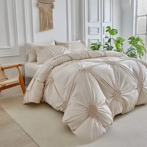 Bedding Solid Color Brushed Quilt Cover Button Flower Pull Pleated Three-Piece Set Soft Comfortable Practical Adult Child
