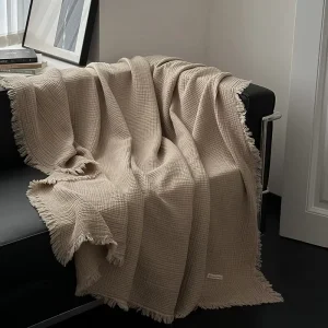 Beige 4 Layer 100% Cotton Throw Blanket Waffle Weave Tassels Sofa Bed All Season Neutral Home Decor Modern Comfortable
