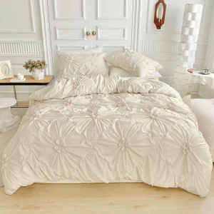 Beige Floral Duvet Cover Soft Three Piece Set Microfiber Ruched Duvet Cover Set