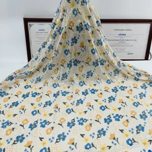 Beige Floral Sequin Fabric and Blue and Gold Two Tone Floral Print Stretch Fabric for Dresses