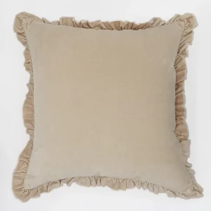 Beige Handmade Modern Cotton Velvet Throw Pillows with Ruffle and Embroidery Washable for Living Room Home Decor