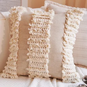 Beige Macrame Tassel Cushion Cover Boho Decorative Throw Pillows Woven Fringe Cushion Cover for Farmhouse Neutral Home Decor