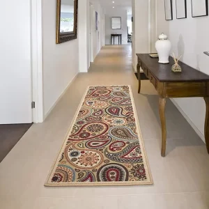 Beige Modern Low Pile Washable Polyester Runner Rug with Non-Skid (Non-Slip) Backing Pet Friendly Home Use
