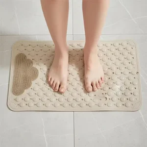 Beige Non Slip Bath Mat with Drain Holes & Suction Cups, Machine Washable Modern Shower Mat, Massage Feet Bathtub Mat
