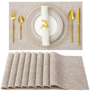 Beige Placemats Heat Resistant Non Slip Place Mats for Dining Table Washable Durable PVC Vinyl Woven Table Mats