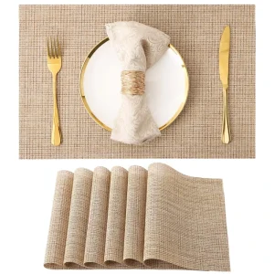 Beige Placemats Heat Resistant Non Slip Table Mats Washable Woven Vinyl for Indoor & Outdoor Dining