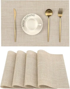 Beige Placemats Heat Resistant Non Slip Table Mats Washable Woven Vinyl for Indoor & Outdoor Dining