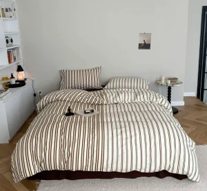 Beige Retro Striped Soft Breathable Percale Weave Bedding Deep Pocket 16″ Hotel Standard Duvet Cover Set