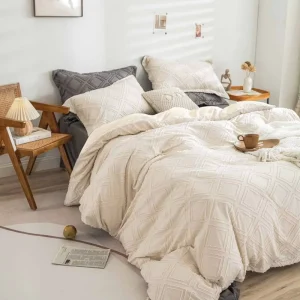 Beige Tufted Jacquard Duvet Brushed Microfiber Quilt Cover and Pillowcase Bedding Set with Sheared Rhombus Pattern