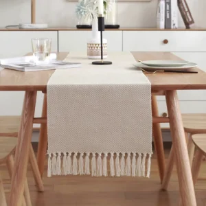 Beige White Texture Table Runner with Tassel Trimmed Table Decor for Dining Room Kitchen Wedding Party