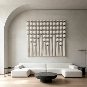 Bespoke Off White Black Accent Spherical Bead Macrame Wall Hanging for Hotel Villa Living Room Commercial Decor