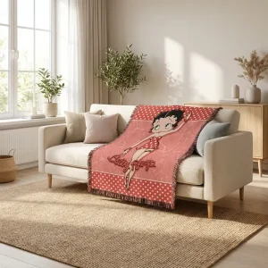 Betty Boop Cartoon Printed Rabbit Fur Plush Throw Blanket Fringe Edges Sofa Bed Pop Art Character Kids Room Home Accent