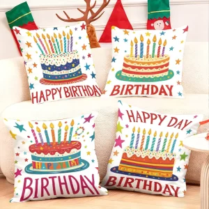 Birthday Cake Throw Pillows Modern Style Customizable 100% Polyester for Festive Living Room Decor with Candles and Stars