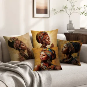 Black African Woman Throw Pillow Cover Soft Polyester Gold Art Portrait Cushion Case Decorative Shell for Sofa