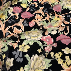 Black Base Vintage Floral Burnout Velvet Fabric Retro Rose Pattern Sheer Velour for New Chinese Style Dresses