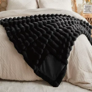 Black Faux Rabbit Fur Blanket with Striped Embossed Texture for Sofa Bed Luxury Warm Plush Fleece Throw Blankets Washable