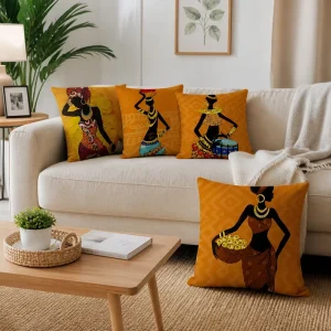 Black Gold African Art Throw Pillow Cover Soft Polyester Glam Portrait Woman Cushion Case Accent Shell for Couch