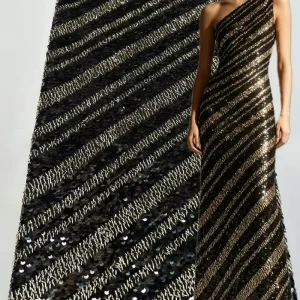 Black Gold Diagonal Stripe Sequin Embroidery Tulle for Evening Gown Fashion Show Wedding Dress and DIY Craft Fabric