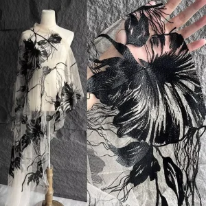 Black Large Floral Embroidery Fabric Tulle Lace Fabric for Qipao Cheongsam Evening Dress Bridal Dress