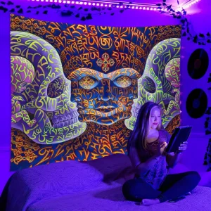 Black Light Astronauts Tapestry UV Reaction Psychedelic Space Wall Hanging Hippie Tapestry for Bedroom Dorm Indie Room Decor