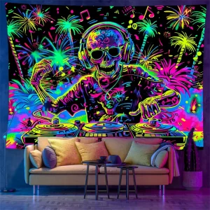 Black Light Psychedelic Wall Tapestry UV Reactive DJ Gorilla Tapestry Wall Hanging Bohemian Kawaii Decor for Livingroom