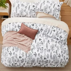 Black Line Drawing Wild Herb Ditsy Print 100% Polyester Comforter 3 Piece Set